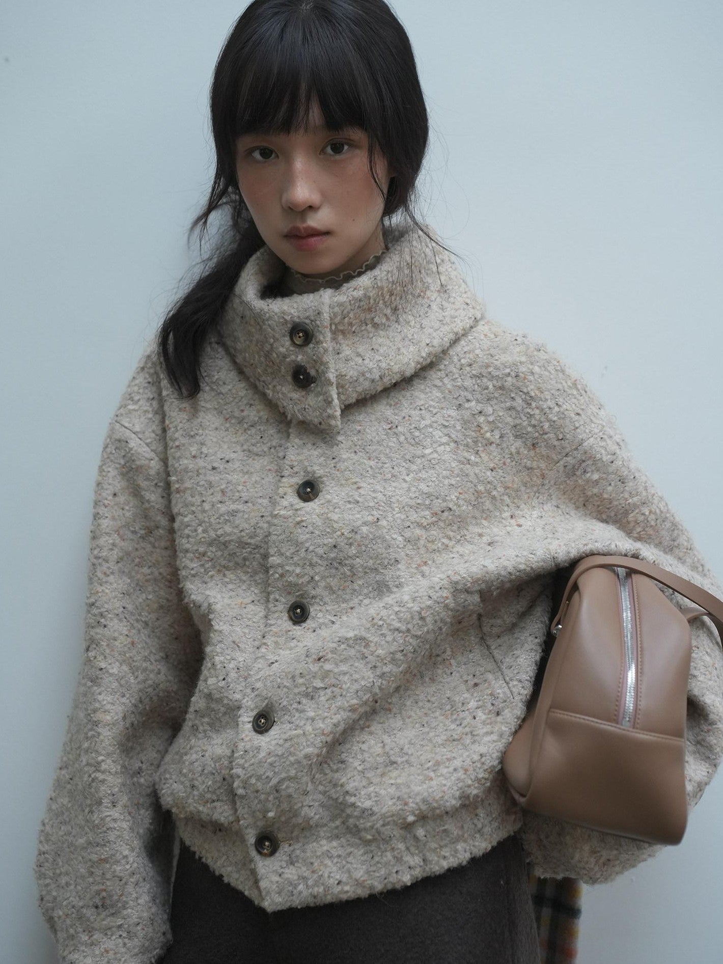 Dorydory Beige Boucle Vintage Loose Lapel Button Side Pockets Women&