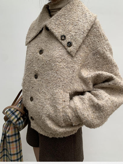 Dorydory Beige Boucle Vintage Loose Lapel Button Side Pockets Women&