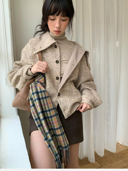 Dorydory Beige Boucle Vintage Loose Lapel Button Side Pockets Women&