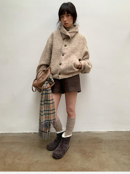 Dorydory Beige Boucle Vintage Loose Lapel Button Side Pockets Women&