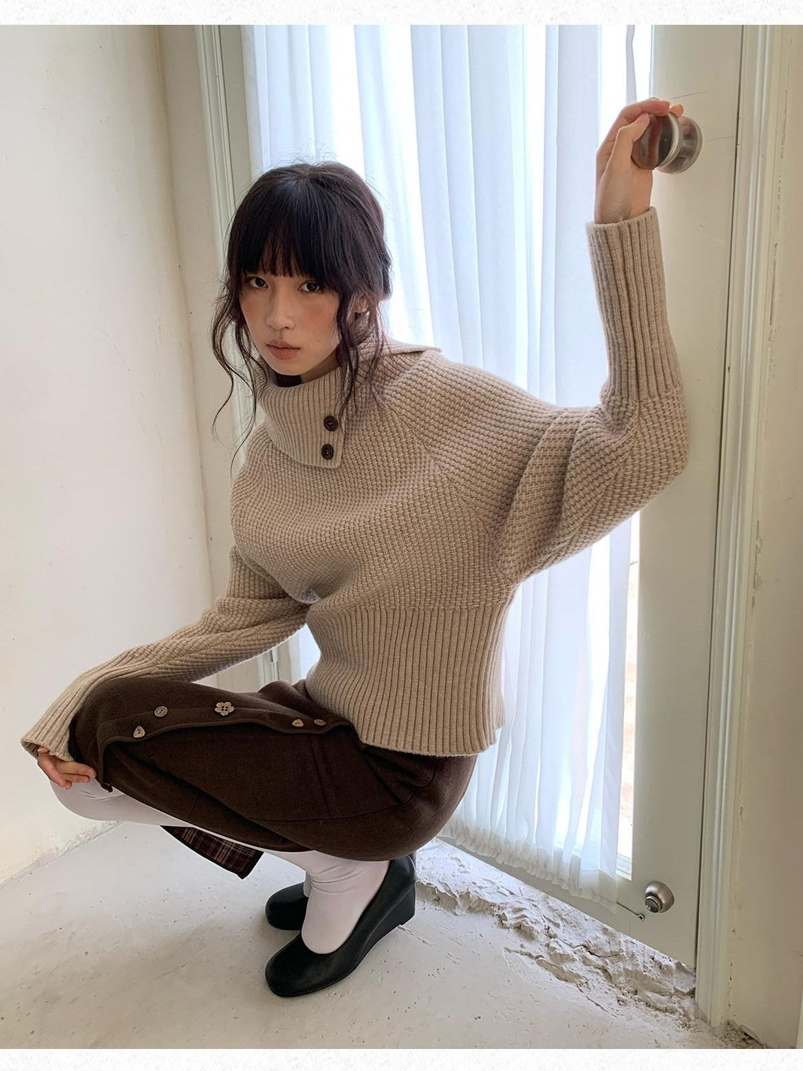 Dorydory Beige High Neck Waist Cinched Batwing Sleeve Women&