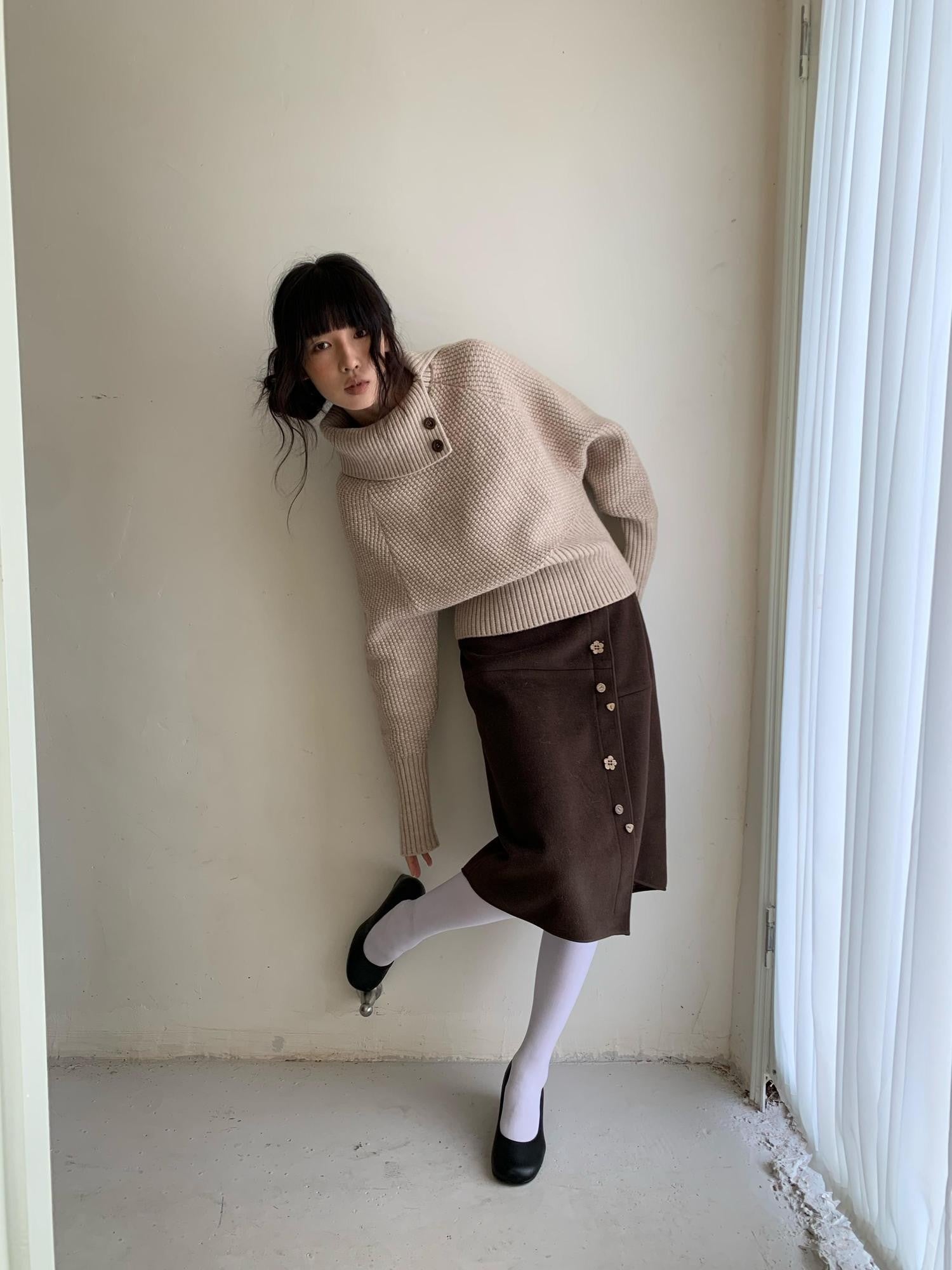 Dorydory Beige High Neck Waist Cinched Batwing Sleeve Women&