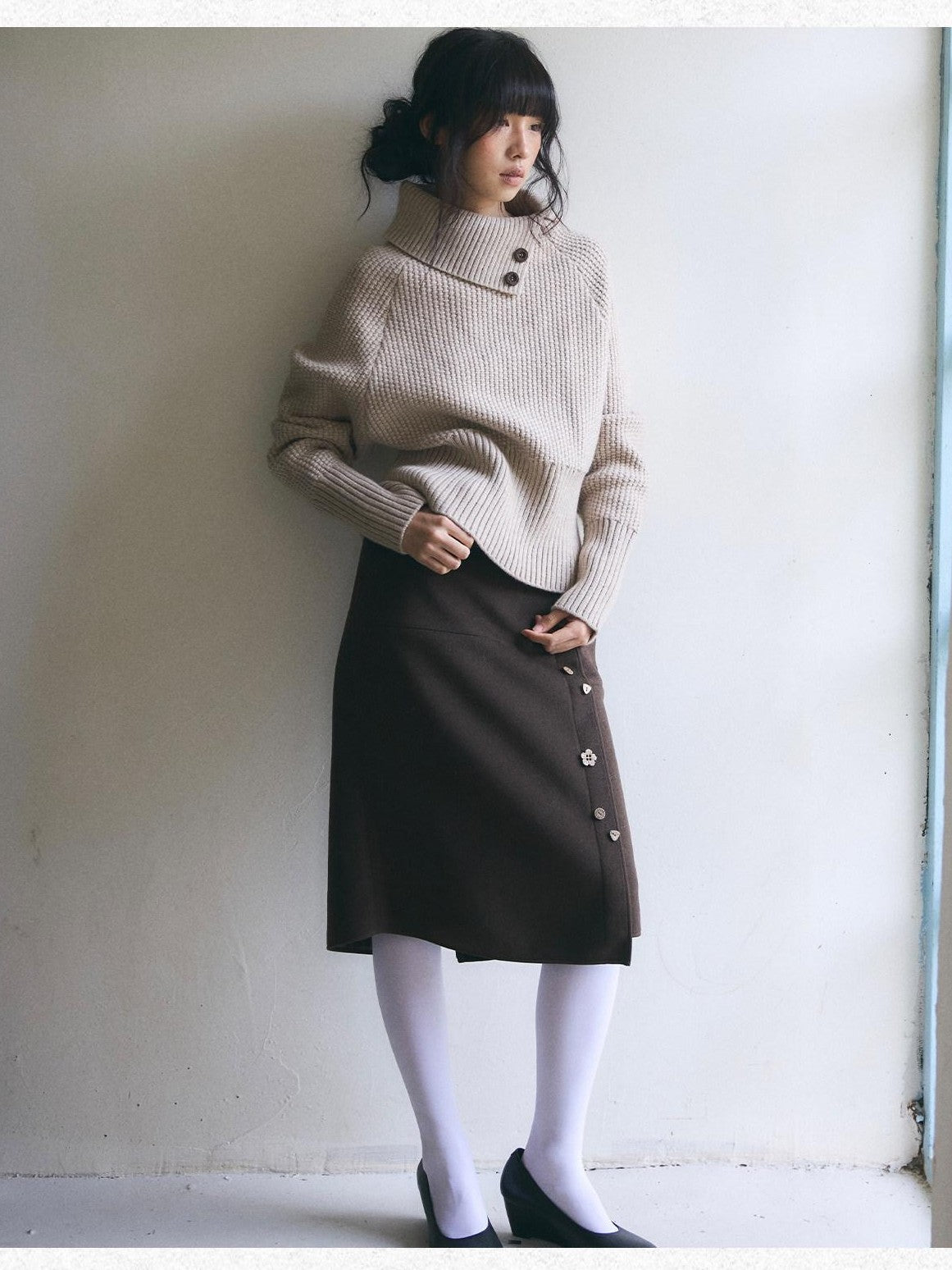 Dorydory Beige High Neck Waist Cinched Batwing Sleeve Women&