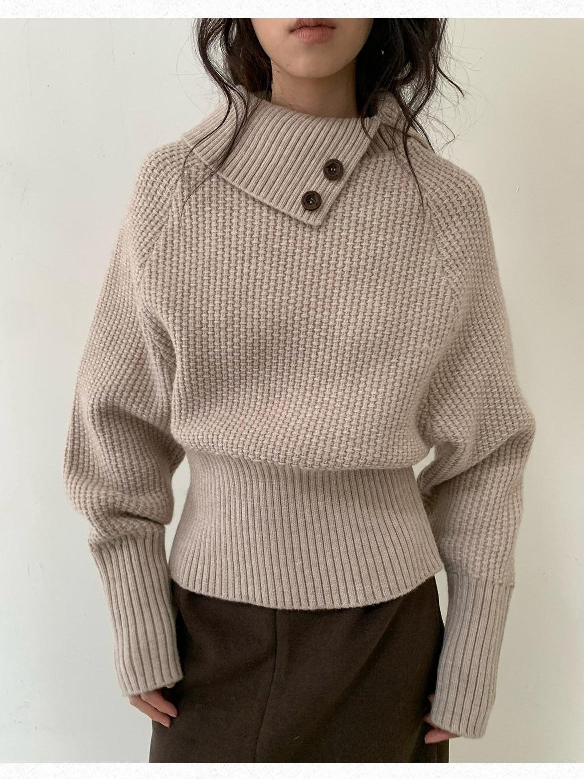 Dorydory Beige High Neck Waist Cinched Batwing Sleeve Women&