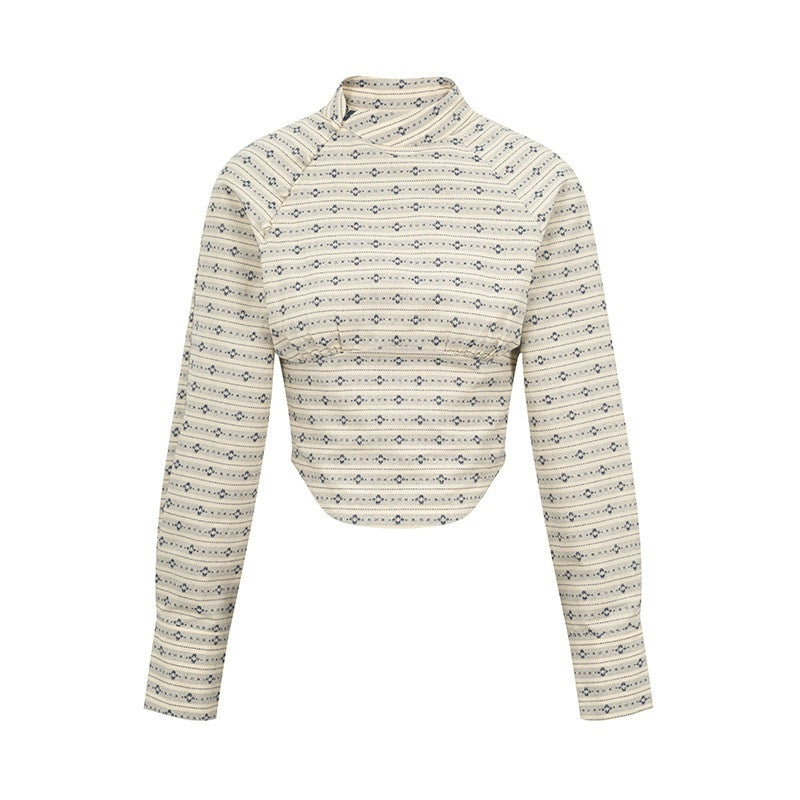 Dorydory_Beige_Jacquard_Stripe_Stand_Collar_Waist_Cinched_Cropped_Women&