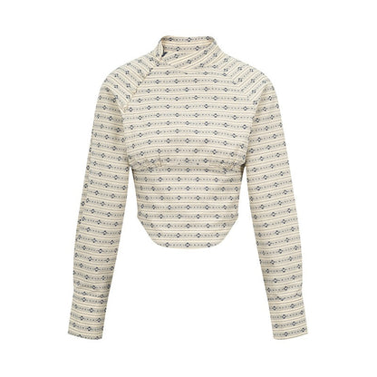 Dorydory_Beige_Jacquard_Stripe_Stand_Collar_Waist_Cinched_Cropped_Women&