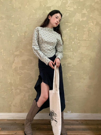 Dorydory Beige Jacquard Stripe Stand Collar Waist Cinched Cropped Women&