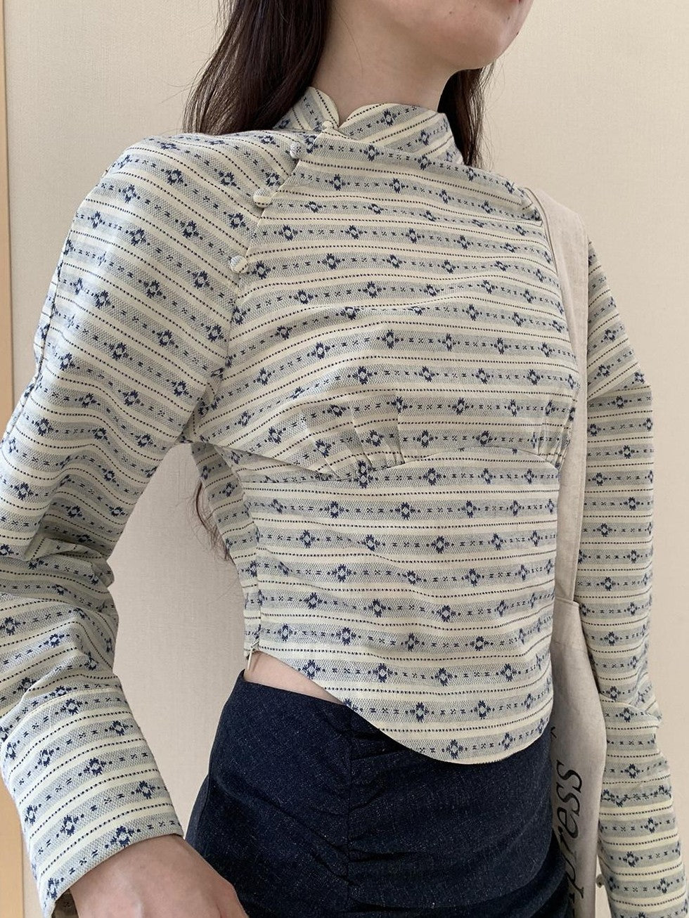 Dorydory Beige Jacquard Stripe Stand Collar Waist Cinched Cropped Women&
