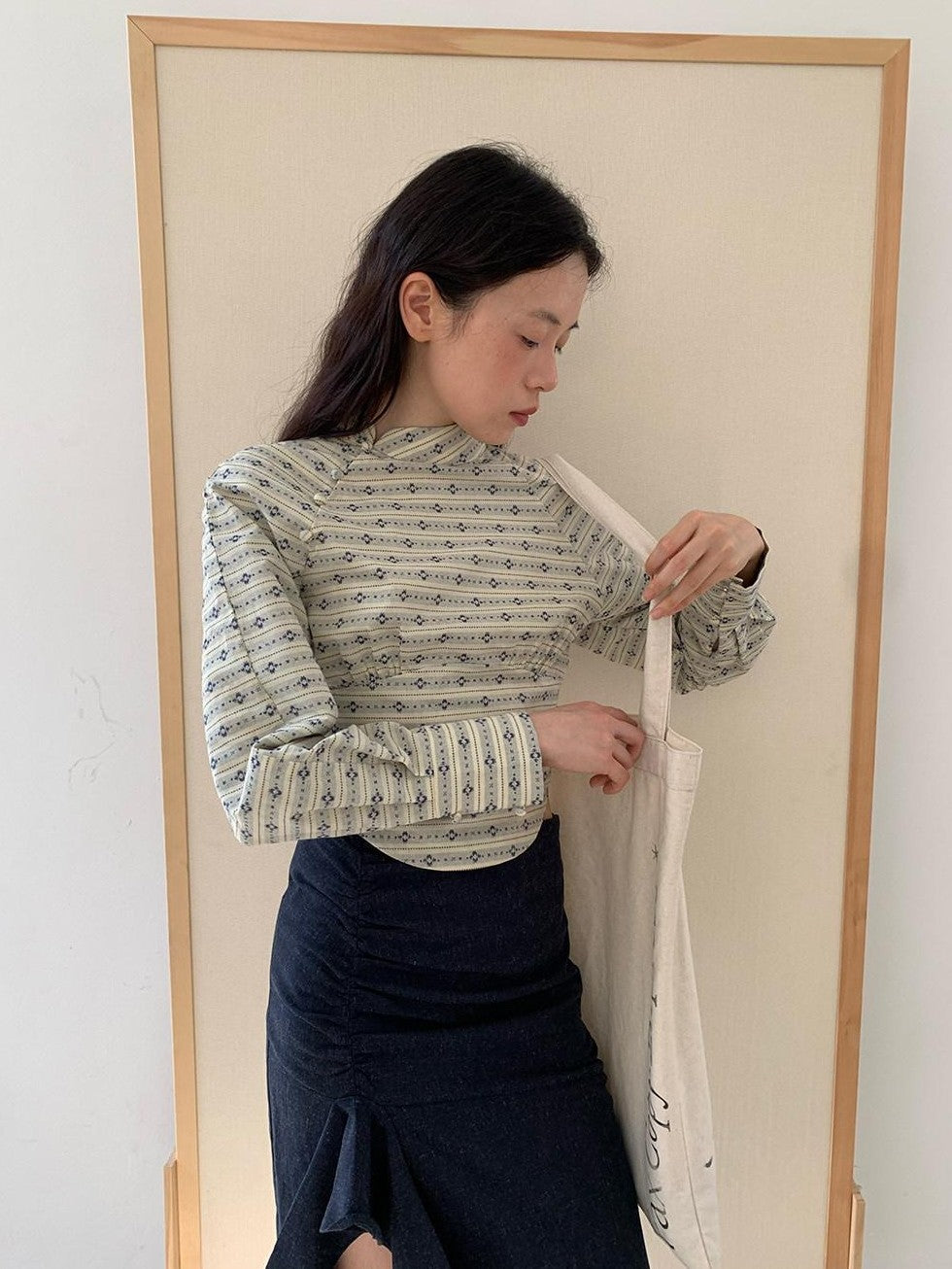 Dorydory Beige Jacquard Stripe Stand Collar Waist Cinched Cropped Women&