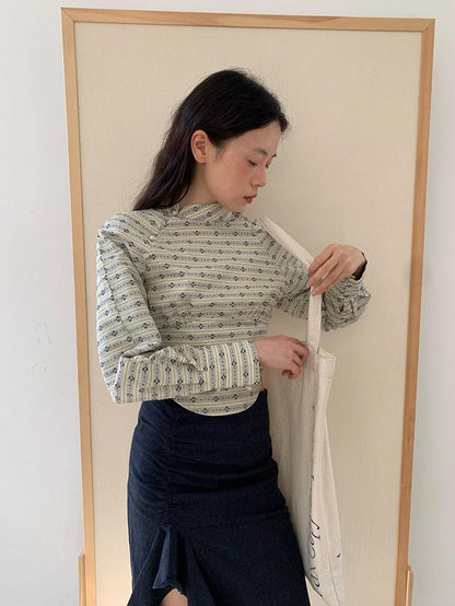 Dorydory Beige Jacquard Stripe Stand Collar Waist Cinched Cropped Women&