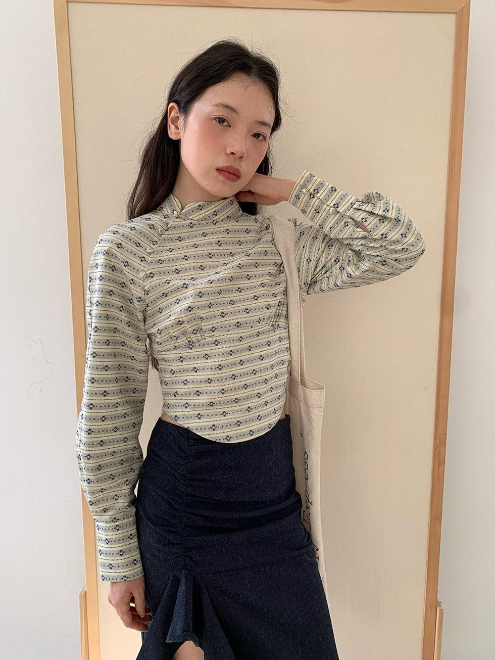 Dorydory Beige Jacquard Stripe Stand Collar Waist Cinched Cropped Women&