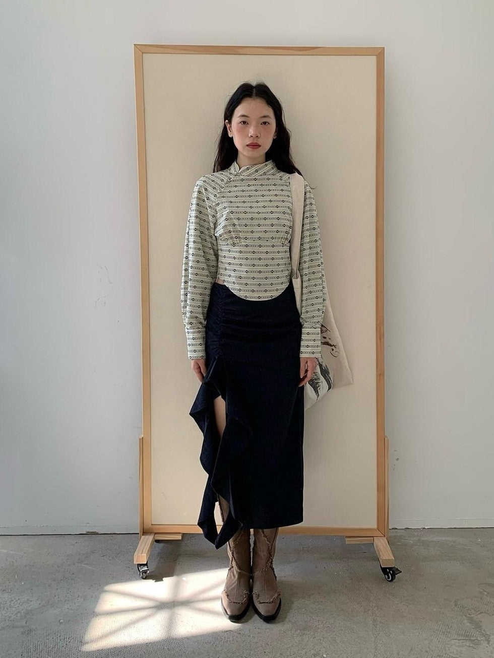 Dorydory Beige Jacquard Stripe Stand Collar Waist Cinched Cropped Women&