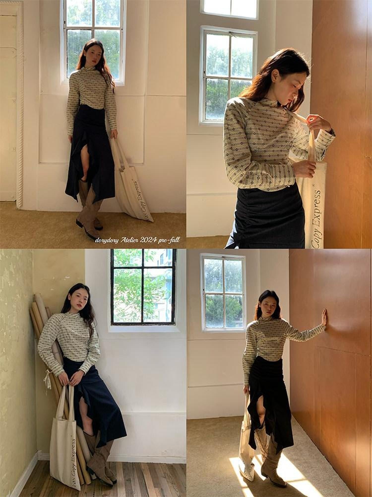 Dorydory Beige Jacquard Stripe Stand Collar Waist Cinched Cropped Women&