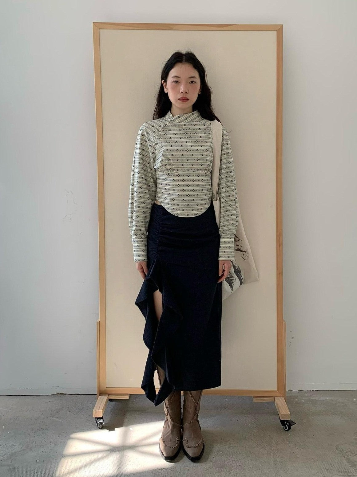 Dorydory Beige Jacquard Stripe Stand Collar Waist Cinched Cropped Women&