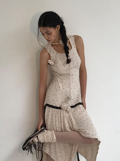 Dorydory Beige Polka Dot Irregular Hem Sleeveless Women&