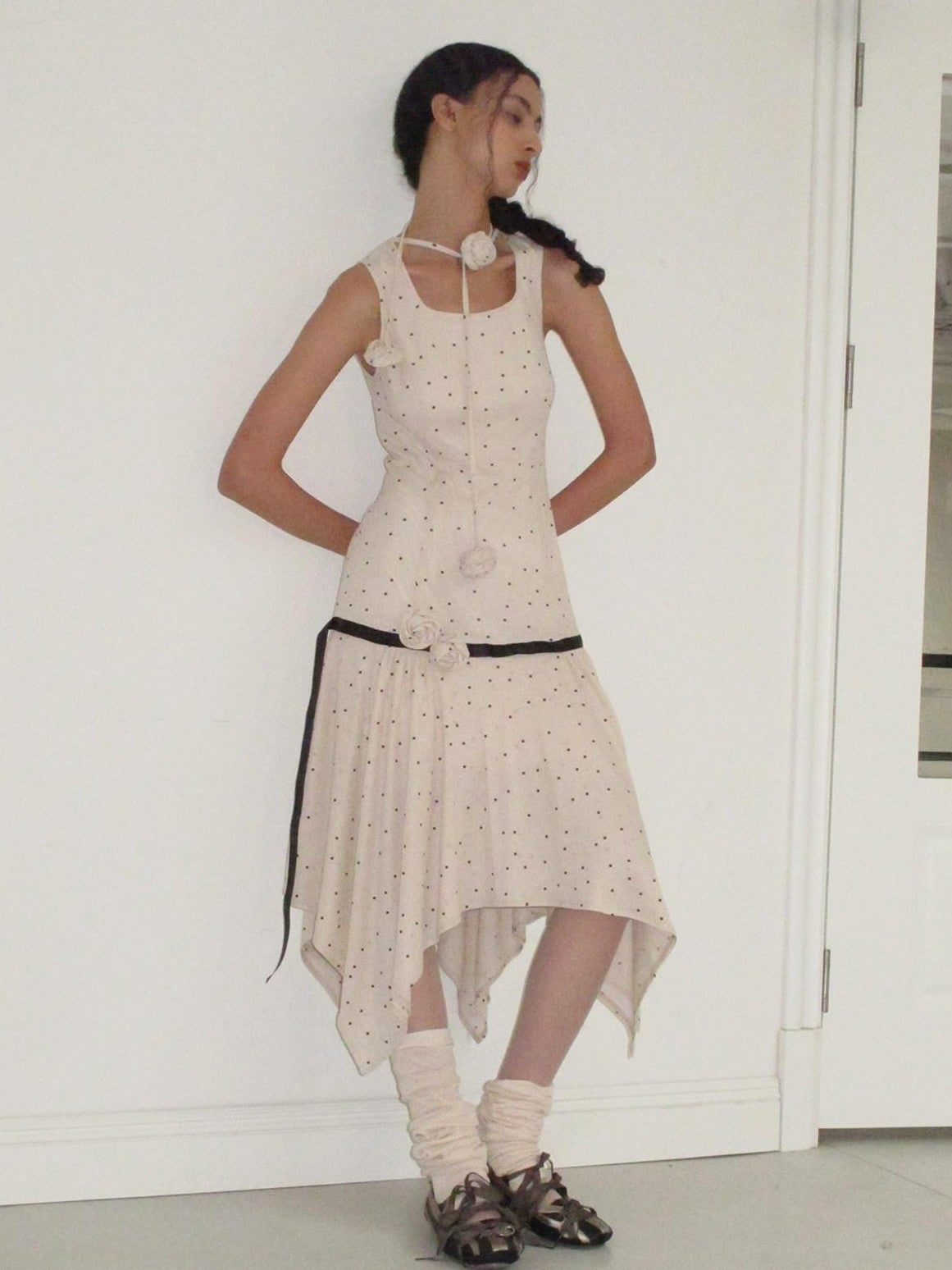 Dorydory Beige Polka Dot Irregular Hem Sleeveless Women&