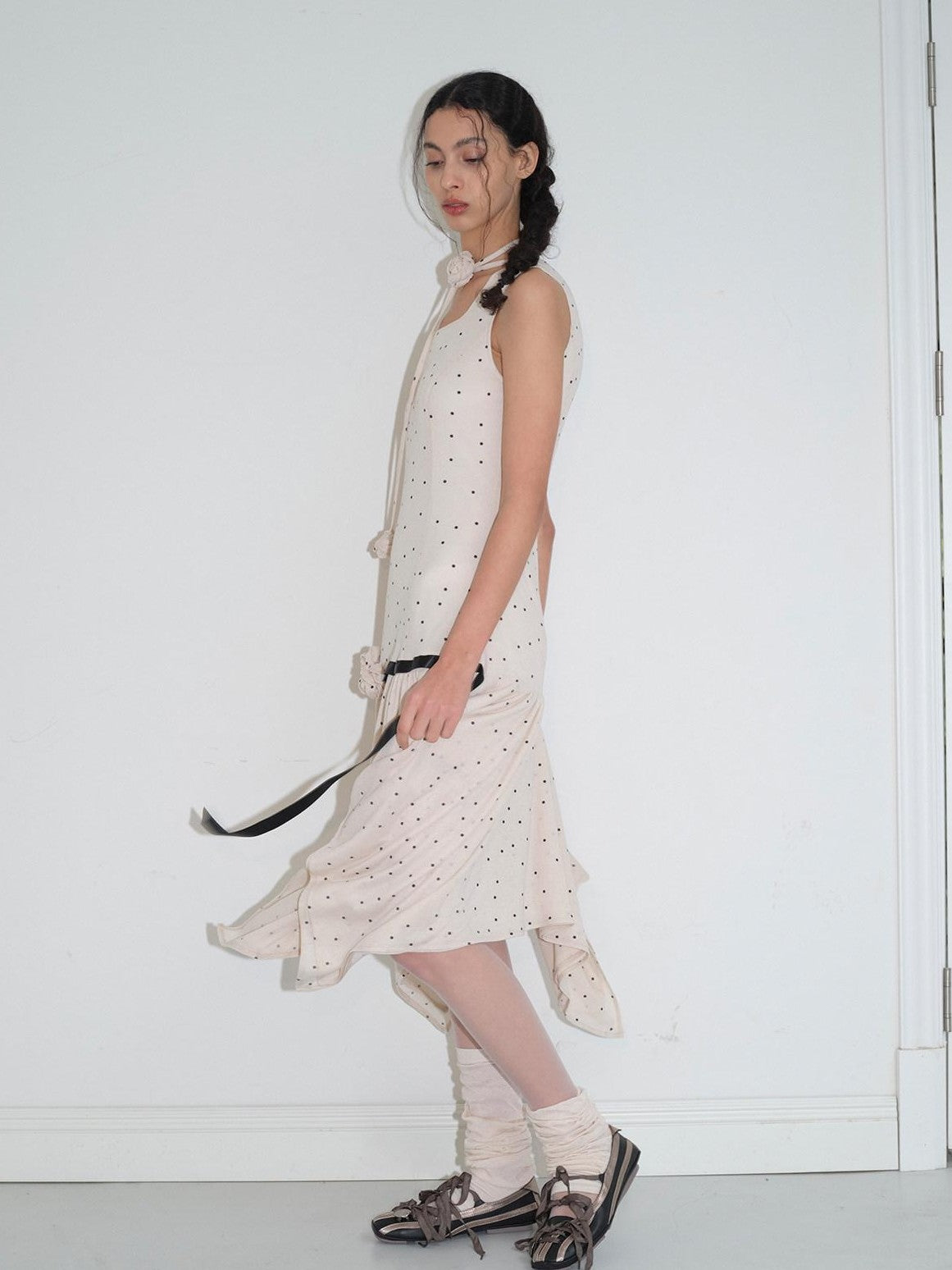 Dorydory Beige Polka Dot Irregular Hem Sleeveless Women&