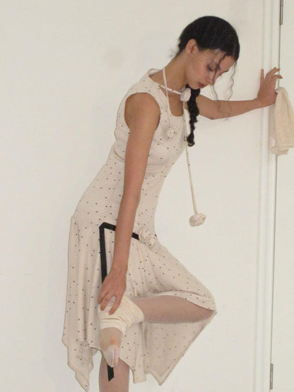 Dorydory Beige Polka Dot Irregular Hem Sleeveless Women&