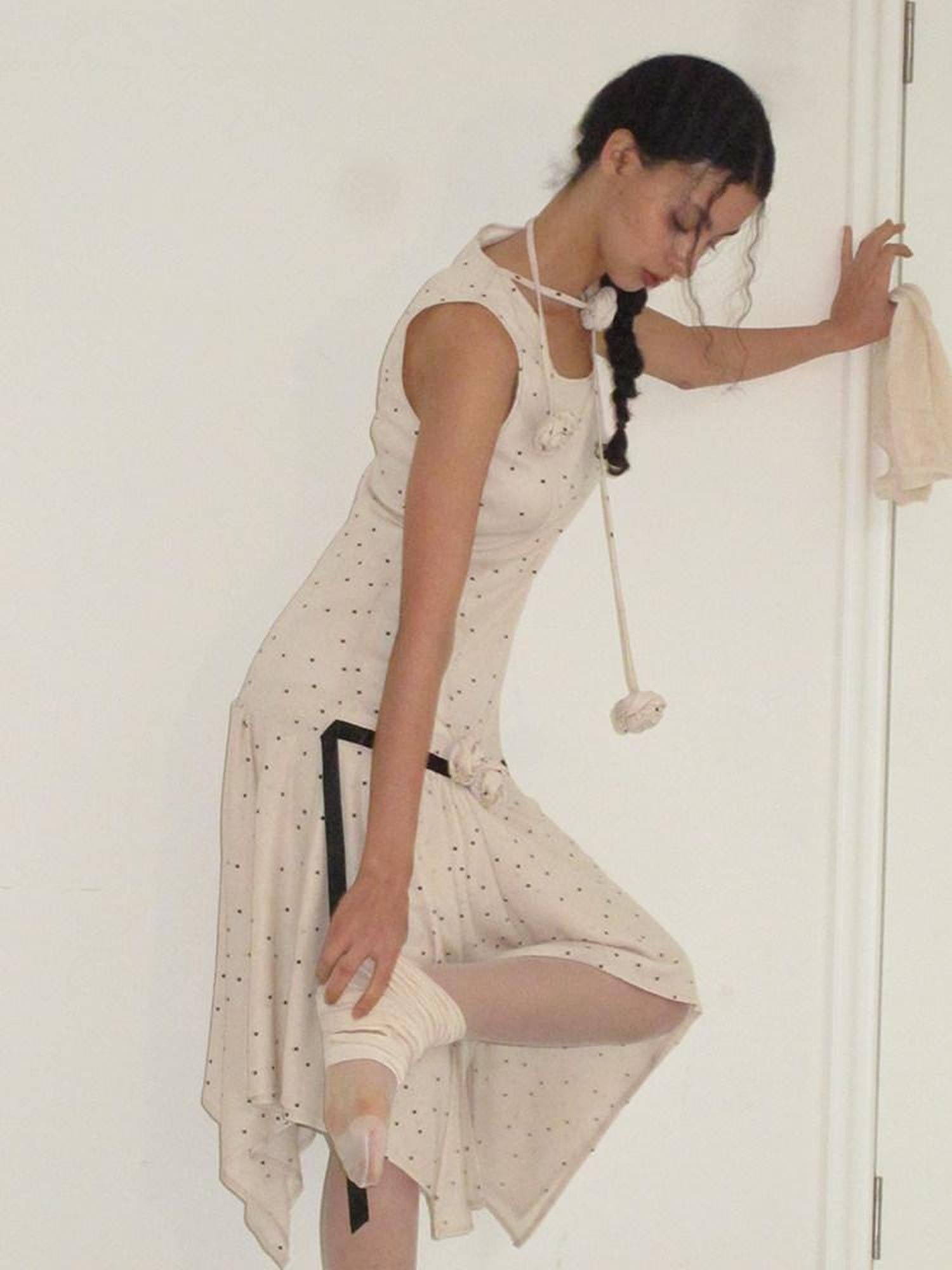 Dorydory Beige Polka Dot Irregular Hem Sleeveless Women&