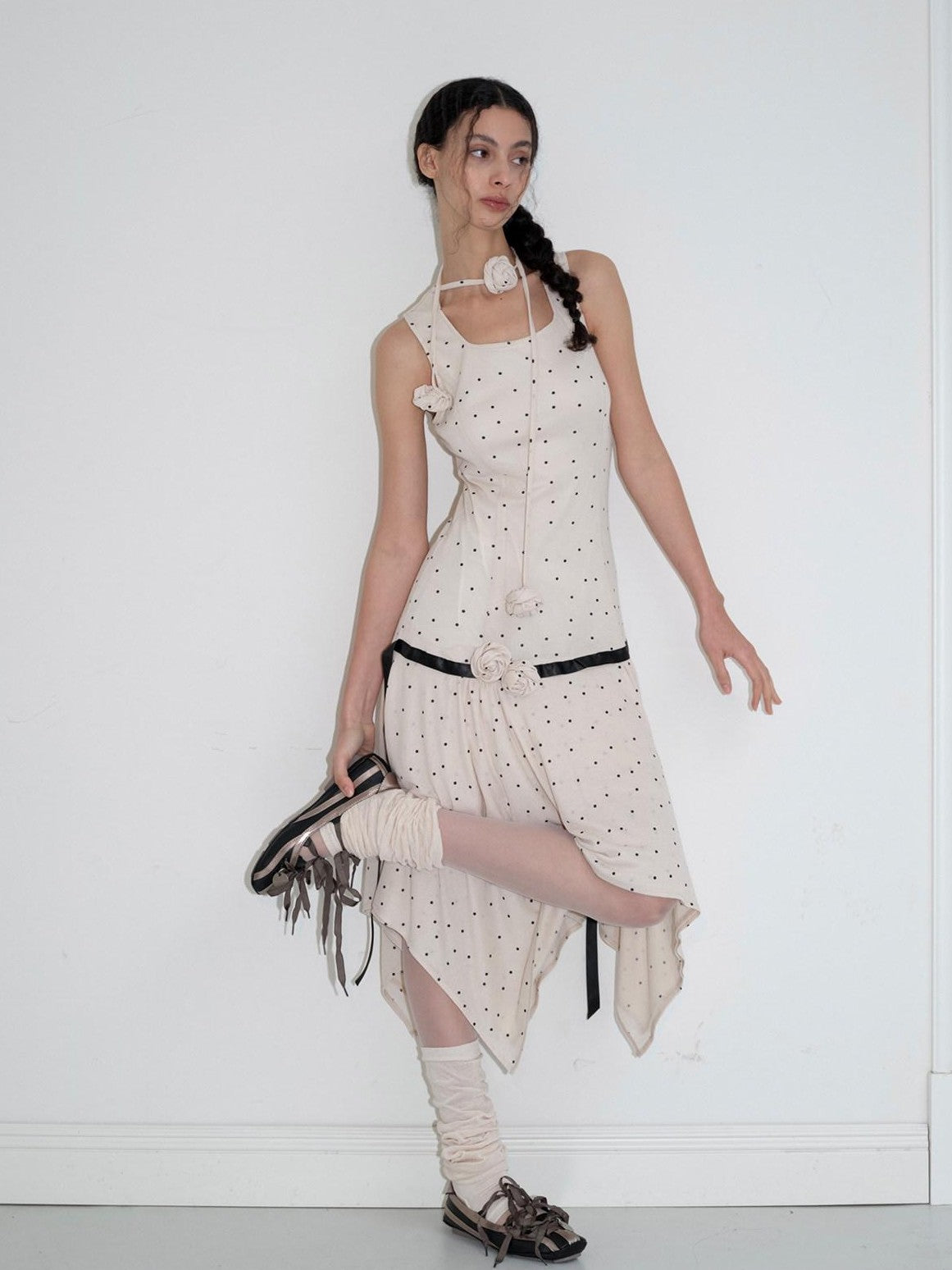 Dorydory Beige Polka Dot Irregular Hem Sleeveless Women&