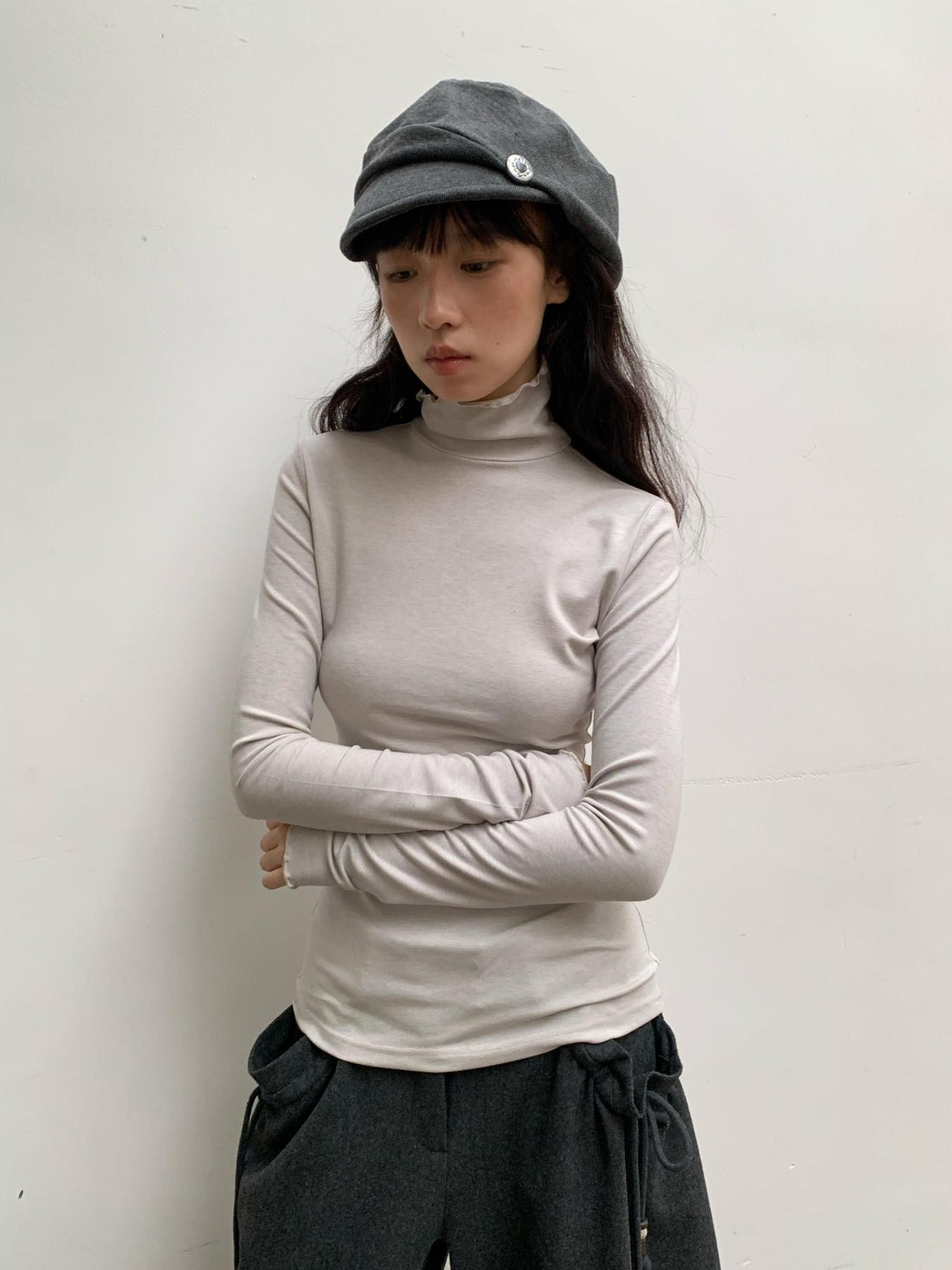Dorydory Beige Ruffle Edge Mock Neck Slim Fit Women&