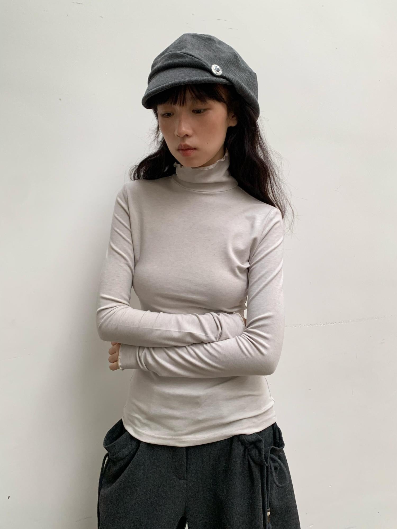 Dorydory Beige Ruffle Edge Mock Neck Slim Fit Women&