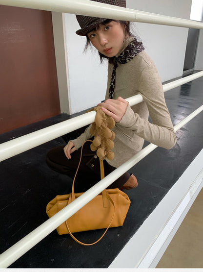 Dorydory Beige Ruffle Edge Mock Neck Slim Fit Women&