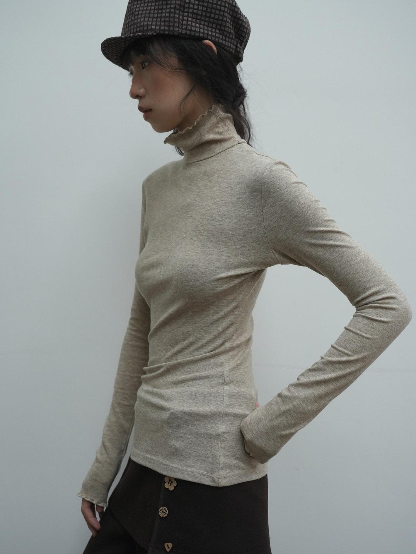 Dorydory Beige Ruffle Edge Mock Neck Slim Fit Women&