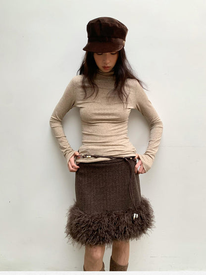 Dorydory Beige Ruffle Edge Mock Neck Slim Fit Women&