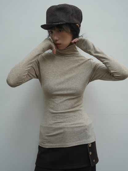 Dorydory Beige Ruffle Edge Mock Neck Slim Fit Women&