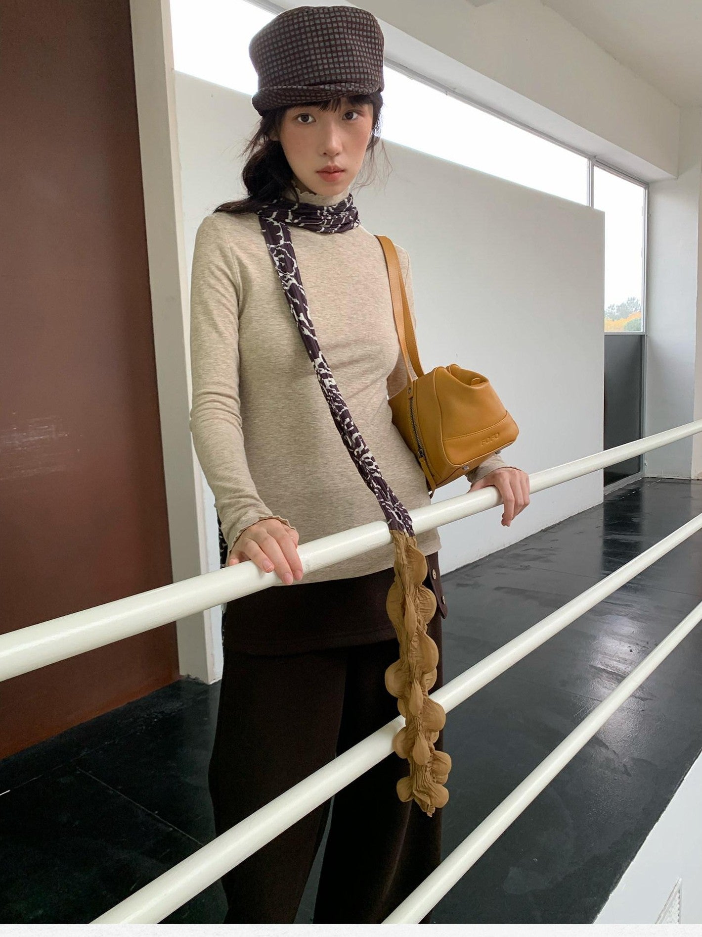 Dorydory Beige Ruffle Edge Mock Neck Slim Fit Women&