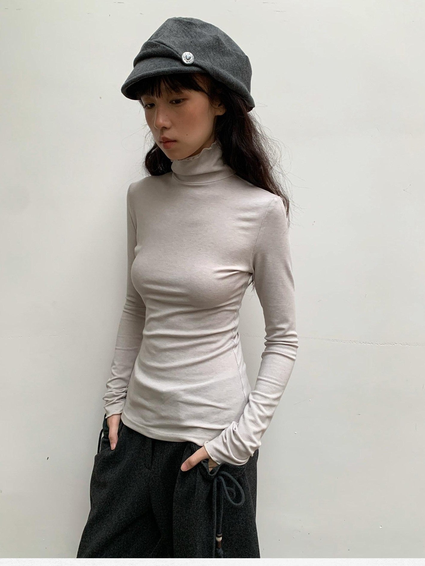 Dorydory Beige Ruffle Edge Mock Neck Slim Fit Women&