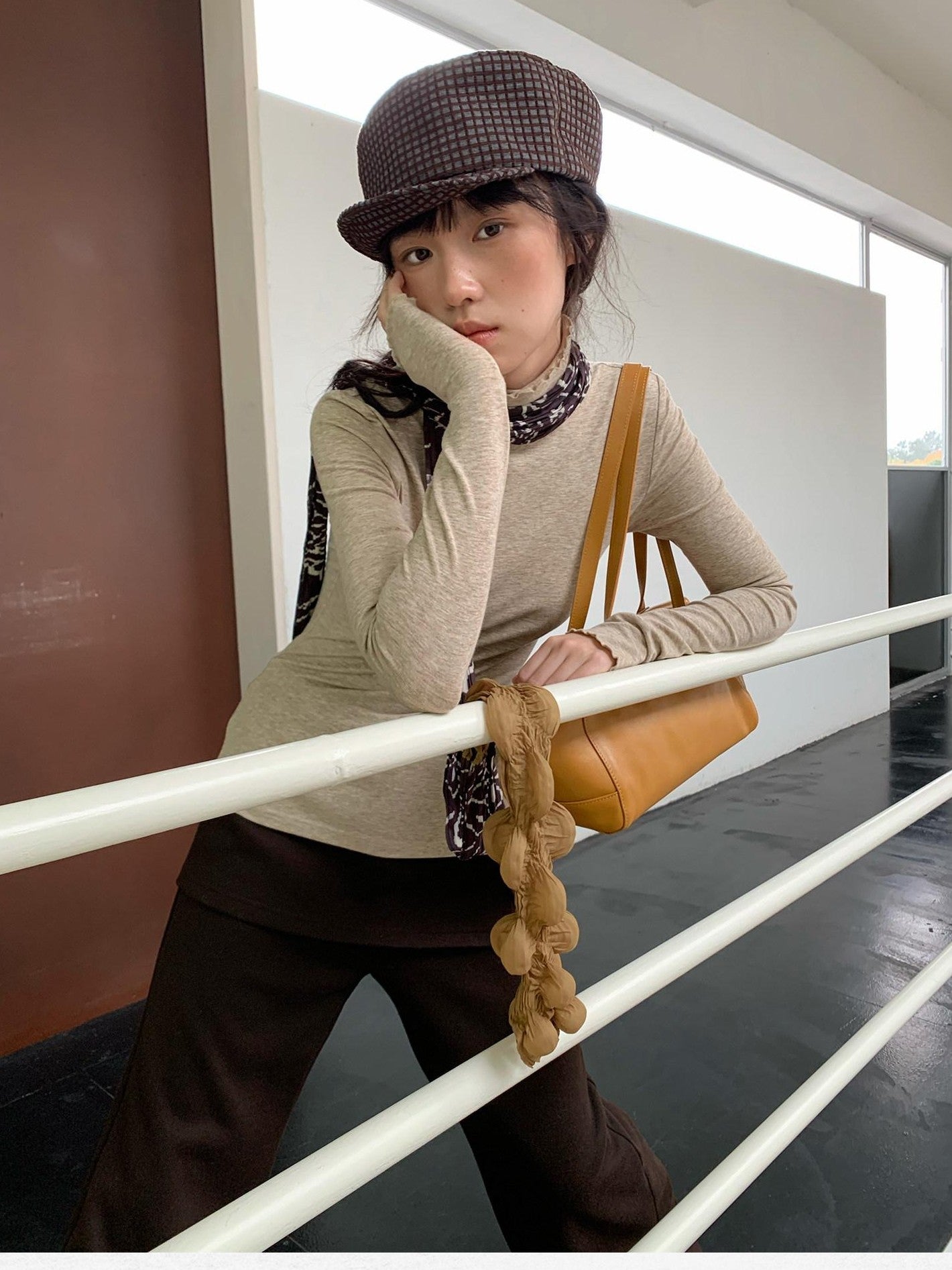 Dorydory Beige Ruffle Edge Mock Neck Slim Fit Women&