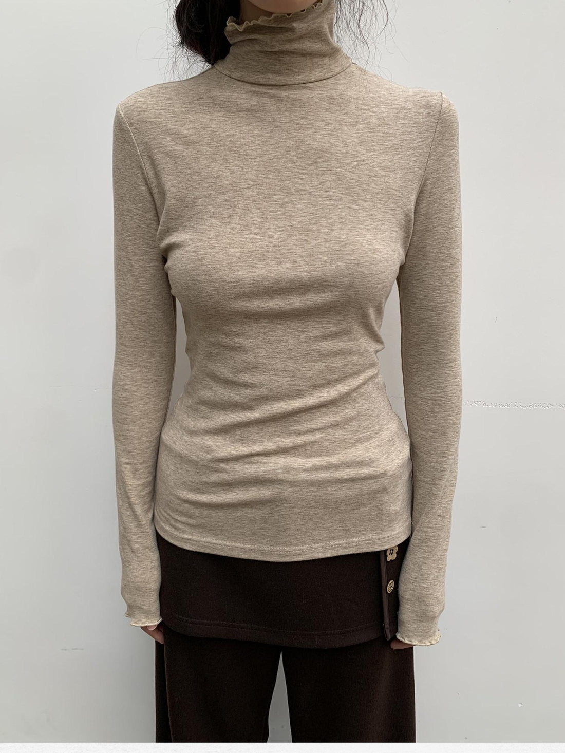 Dorydory Beige Ruffle Edge Mock Neck Slim Fit Women&
