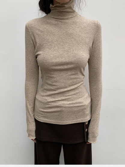 Dorydory Beige Ruffle Edge Mock Neck Slim Fit Women&