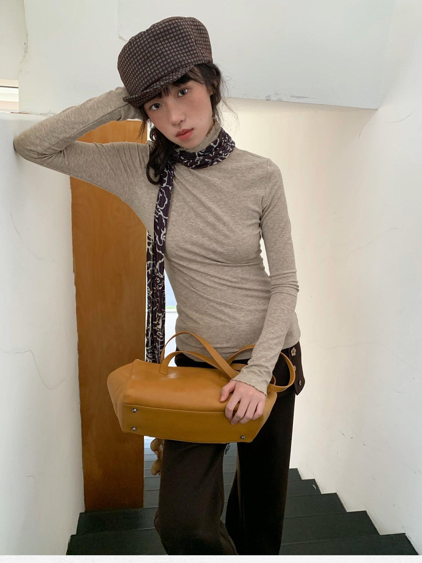 Dorydory Beige Ruffle Edge Mock Neck Slim Fit Women&