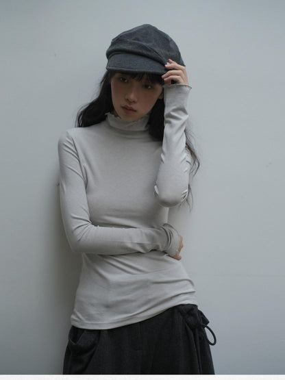 Dorydory Beige Ruffle Edge Mock Neck Slim Fit Women&