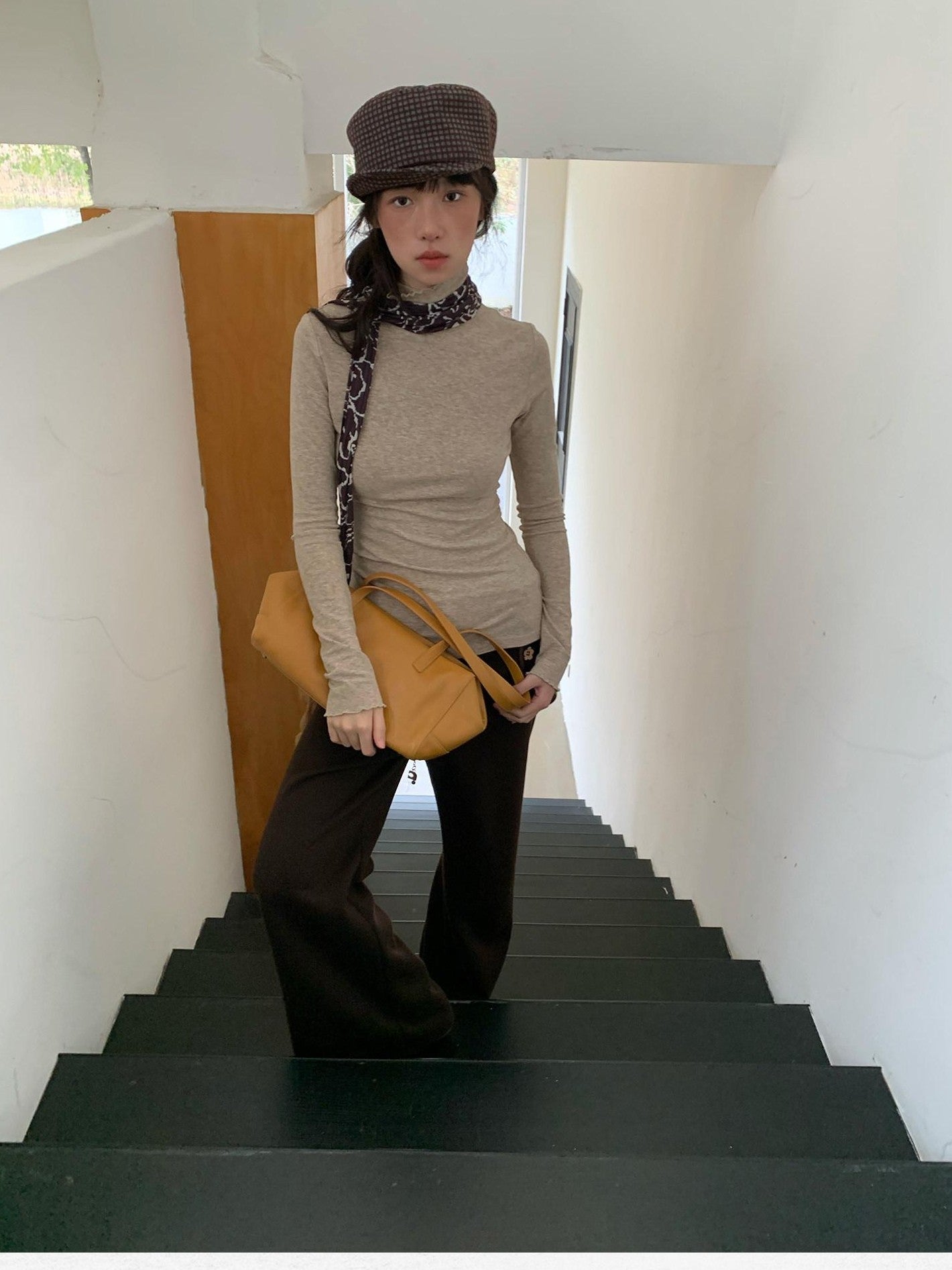Dorydory Beige Ruffle Edge Mock Neck Slim Fit Women&