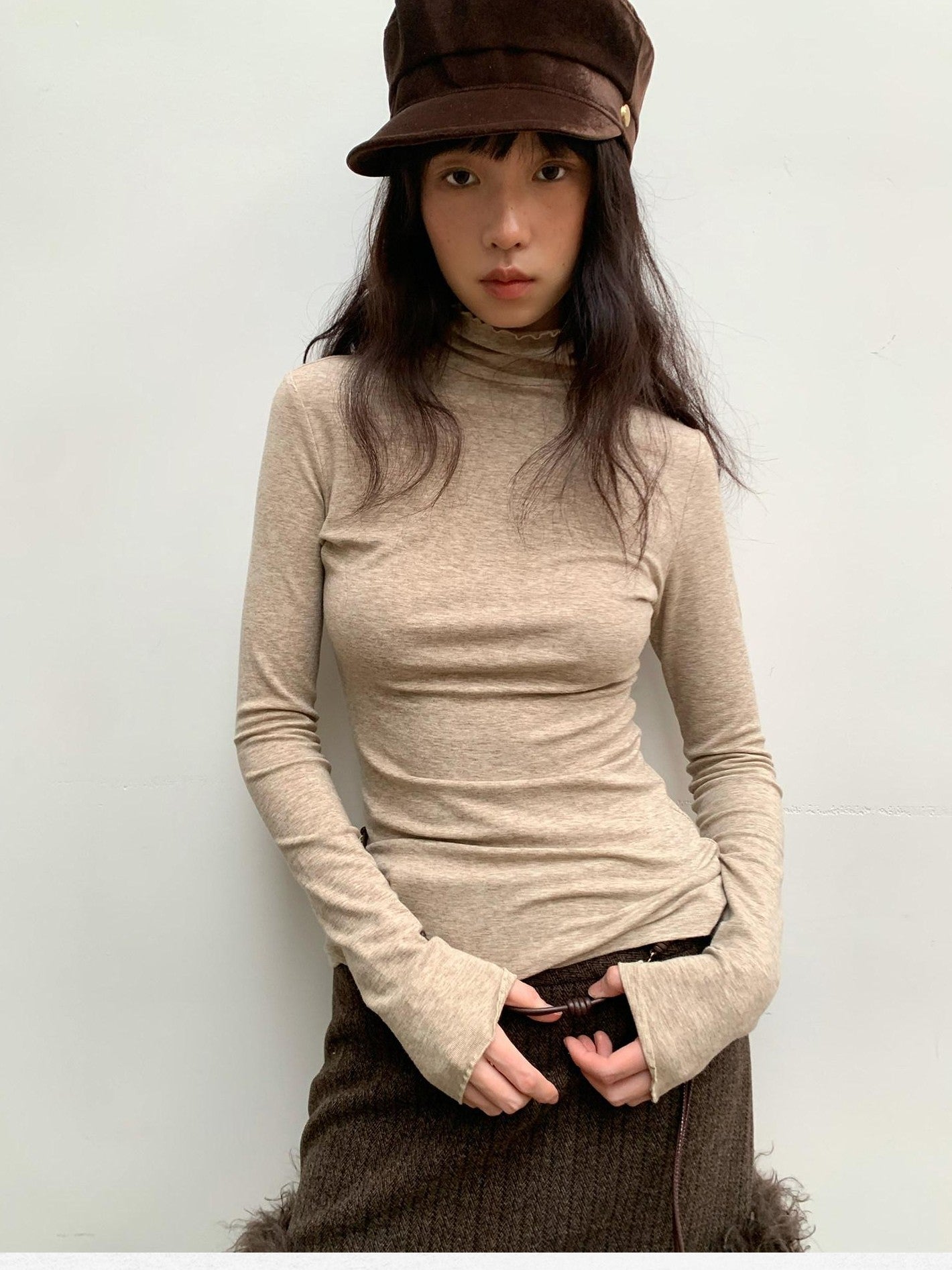 Dorydory Beige Ruffle Edge Mock Neck Slim Fit Women&