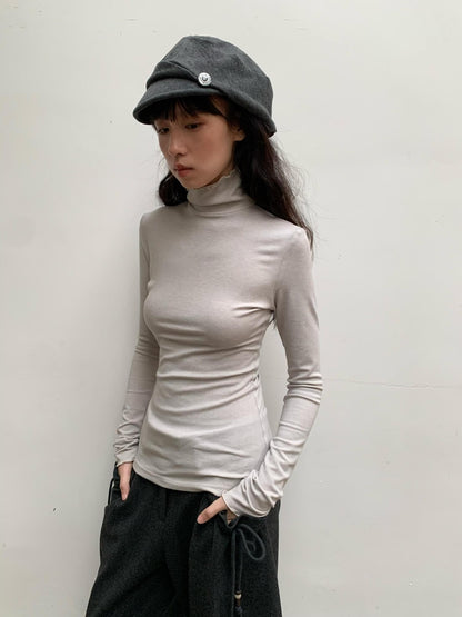 Dorydory Beige Ruffle Edge Mock Neck Slim Fit Women&
