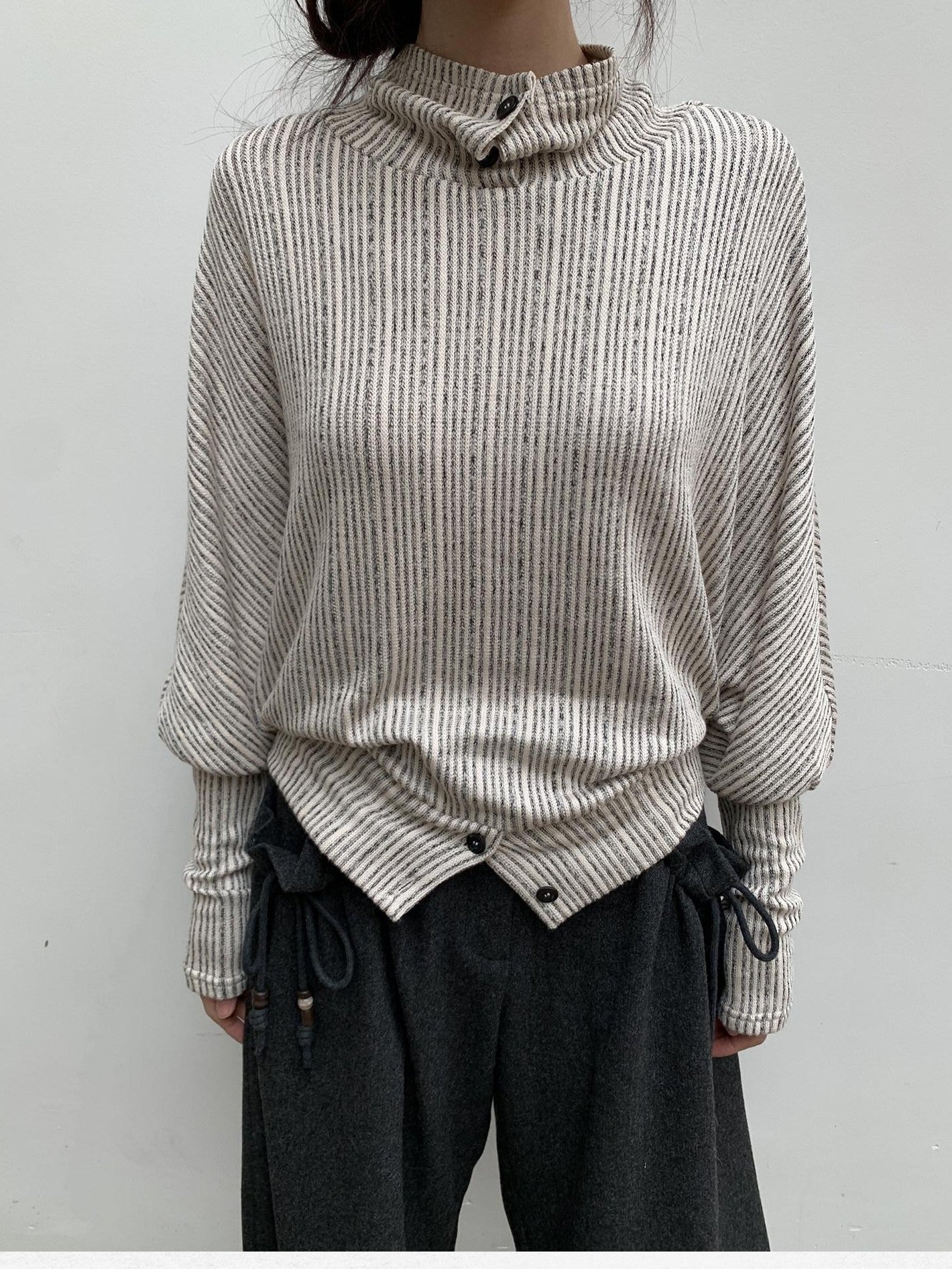 Dorydory Beige Striped Knit Batwing High Neck Women&