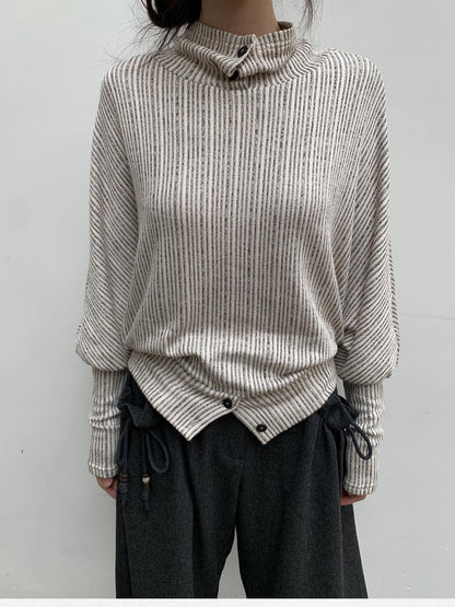 Dorydory Beige Striped Knit Batwing High Neck Women&