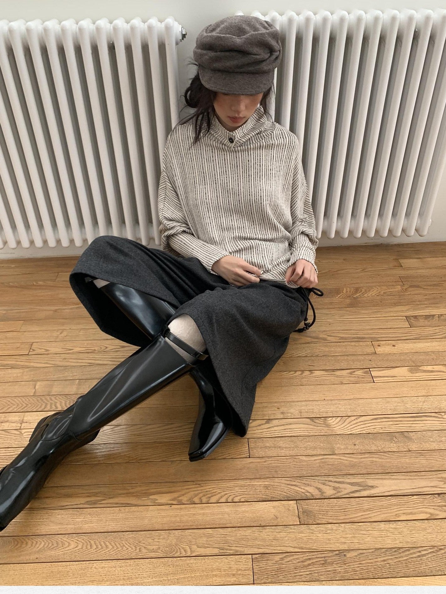 Dorydory Beige Striped Knit Batwing High Neck Women&