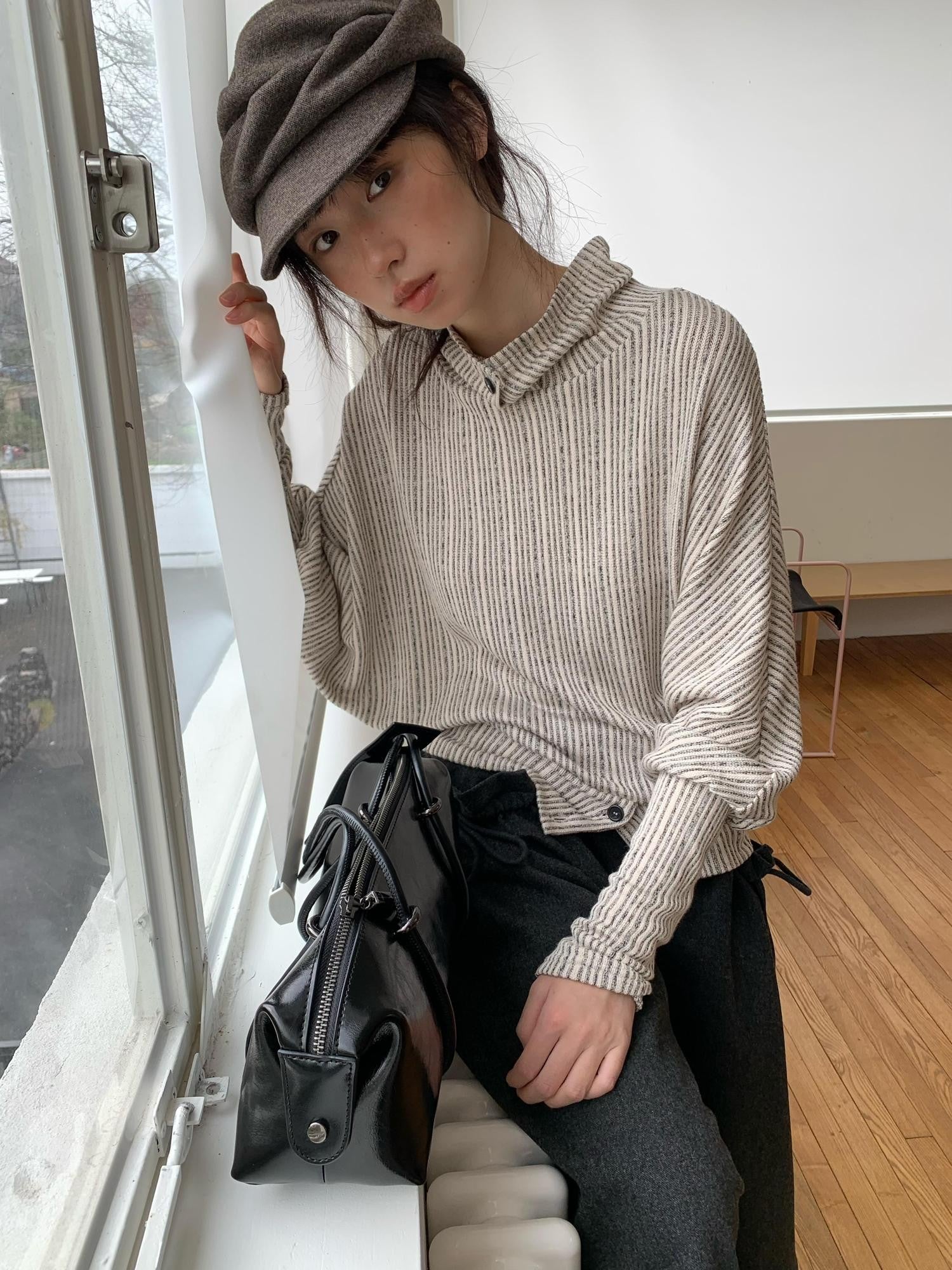 Dorydory Beige Striped Knit Batwing High Neck Women&