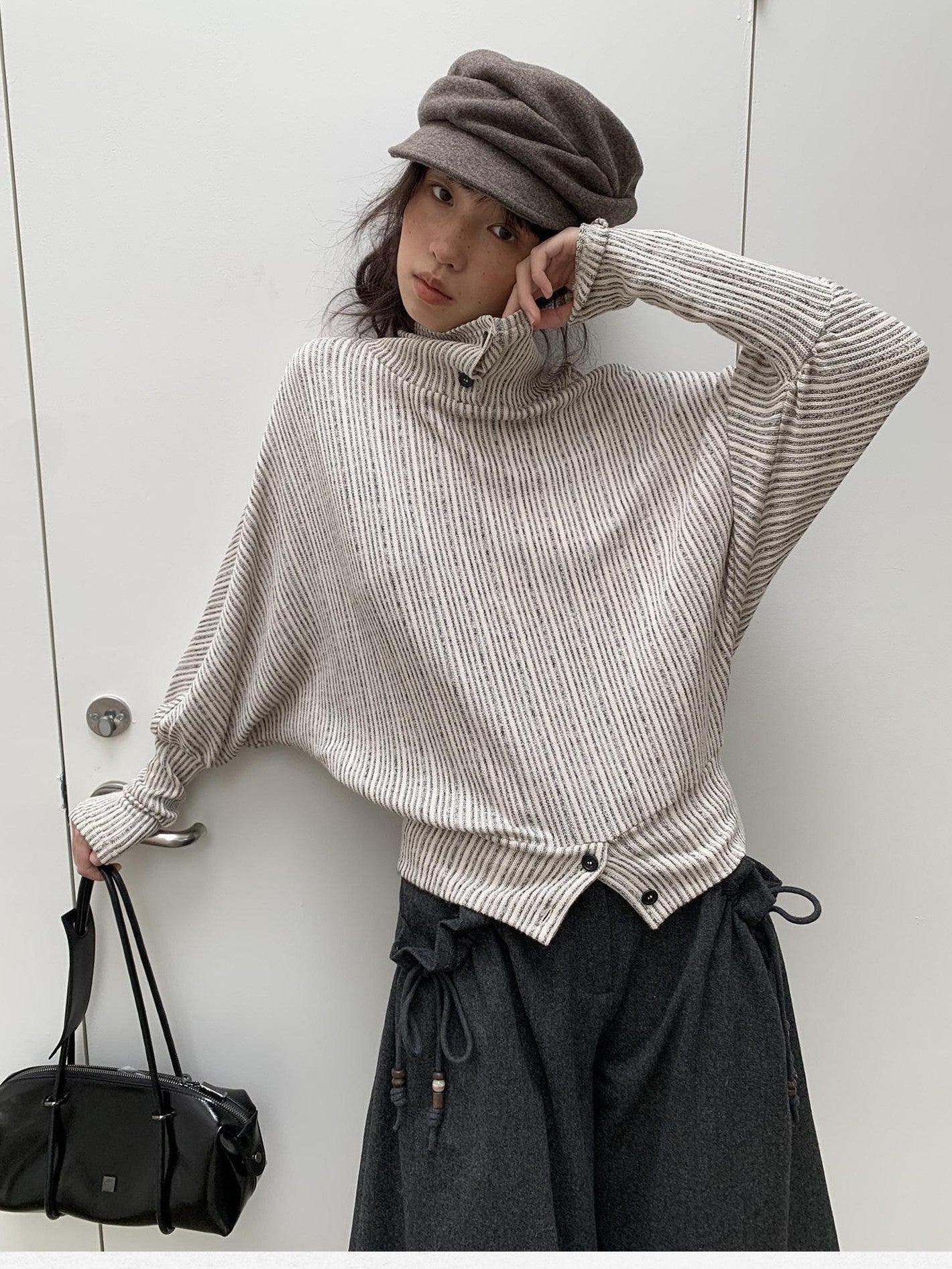 Dorydory Beige Striped Knit Batwing High Neck Women&