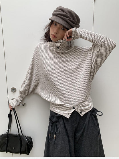 Dorydory Beige Striped Knit Batwing High Neck Women&