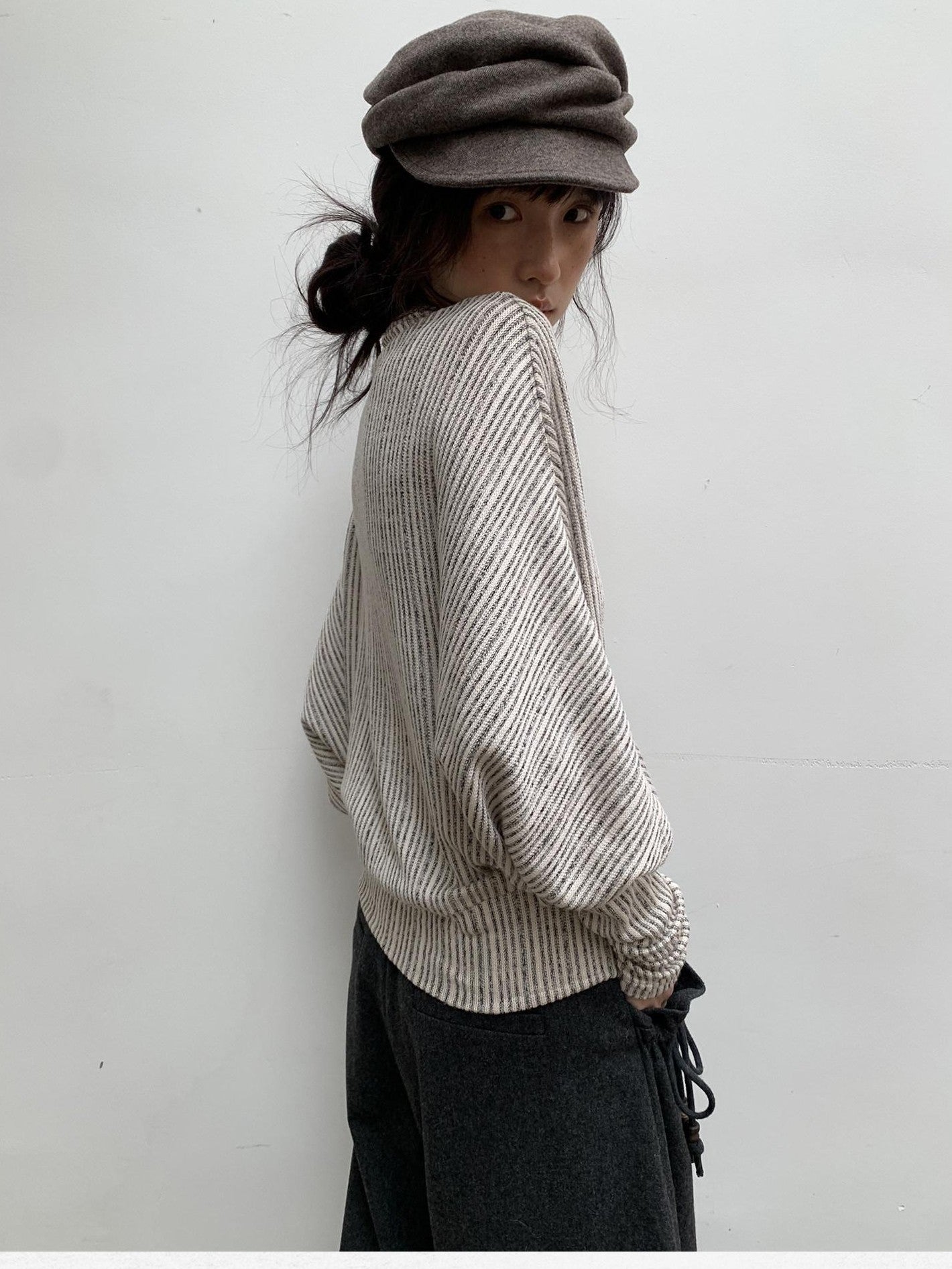 Dorydory Beige Striped Knit Batwing High Neck Women&