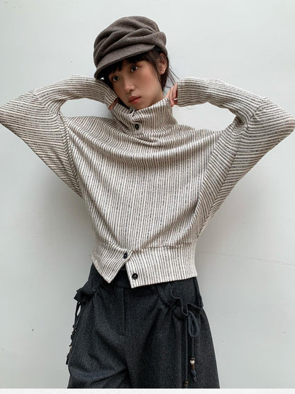 Dorydory Beige Striped Knit Batwing High Neck Women&