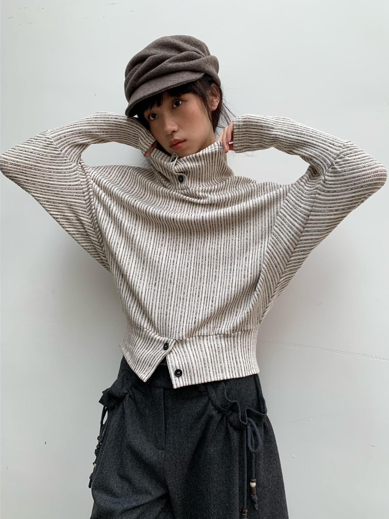 Dorydory Beige Striped Knit Batwing High Neck Women&