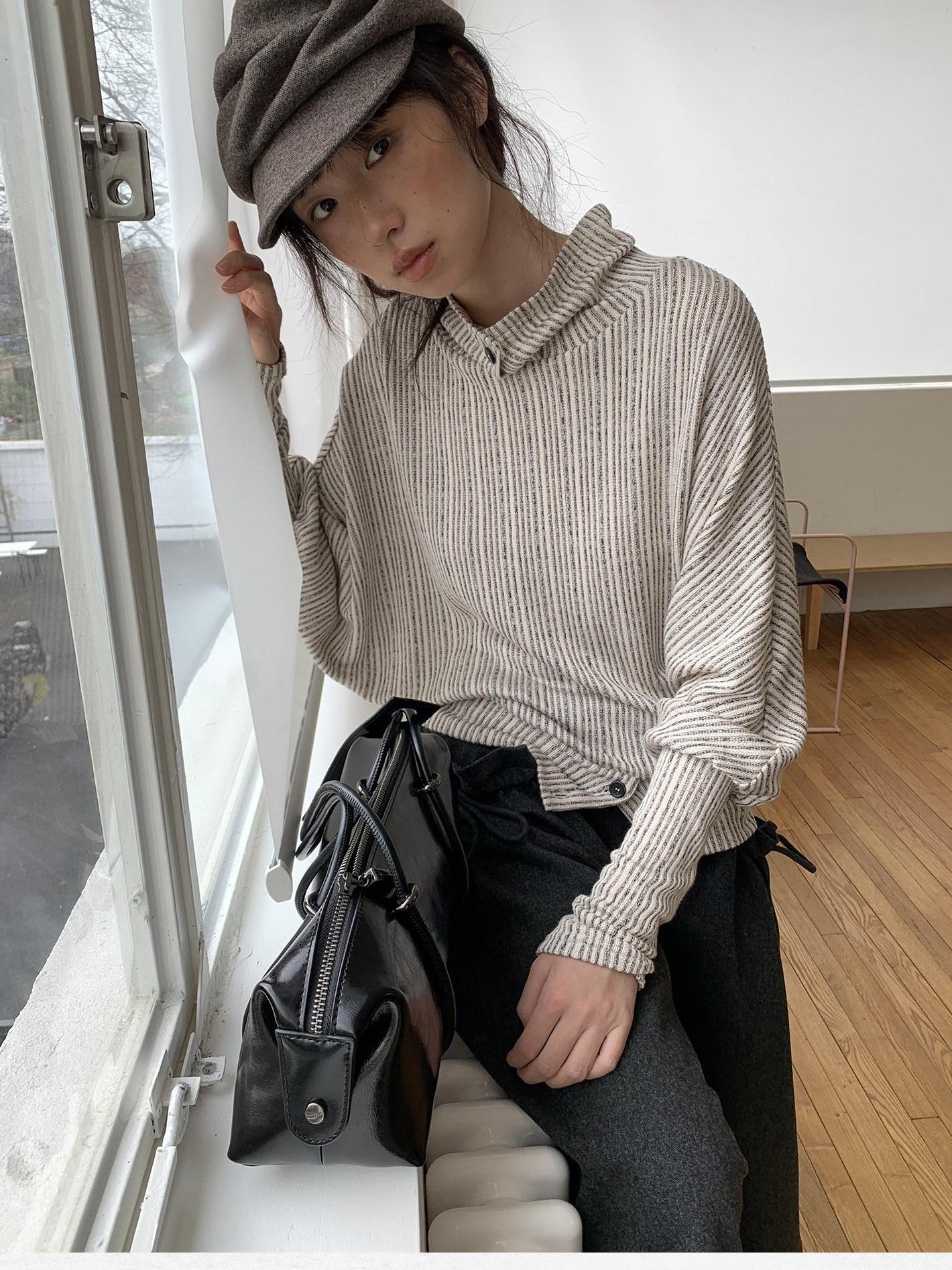 Dorydory Beige Striped Knit Batwing High Neck Women&
